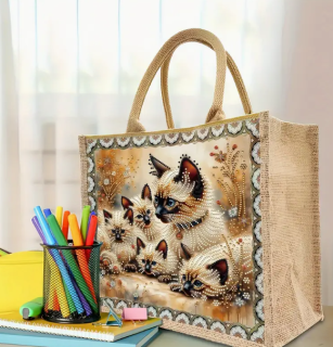 Preview: Diamond Painting Tragtasche Siam Katzenfamilie